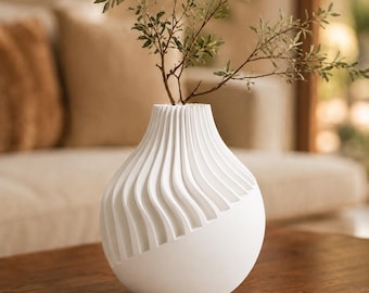 White Japandi Vase, Fluted Sculptural Decor, Modern Minimalist Flower Vase, Sand Wave Collection