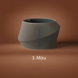 May include: A gray, cylindrical planter with a ribbed, pleated exterior texture and an asymmetrical, slanted top edge. The interior of the planter is dark gray. The text 3. Mizu is printed in white below the object.