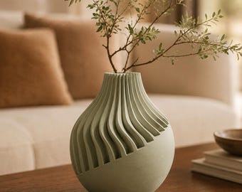 Sage Japandi Vase, Fluted Sculptural Decor, Modern Minimalist Flower Vase, Sand Wave Collection
