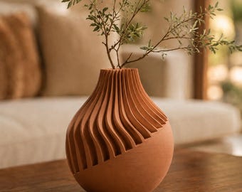 Terracotta Japandi Vase, Fluted Sculptural Decor, Modern Minimalist Flower Vase, Sand Wave Collection