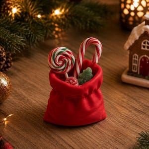 May include: A small, bright red fabric pouch filled with holiday sweets, including a round red, white, and green swirl lollipop, a red and white striped candy cane, a small green gummy tree, and a round red and white peppermint candy.