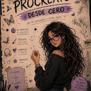 Pode incluir: Um guia de arte digital intitulado PROCREATE DESDE CERO com a ilustração de uma pessoa de cabelos escuros e óculos segurando uma caneta stylus. A página inclui texto, esboços de borboletas, flores, um coelho e um tablet com o logotipo Procreate.