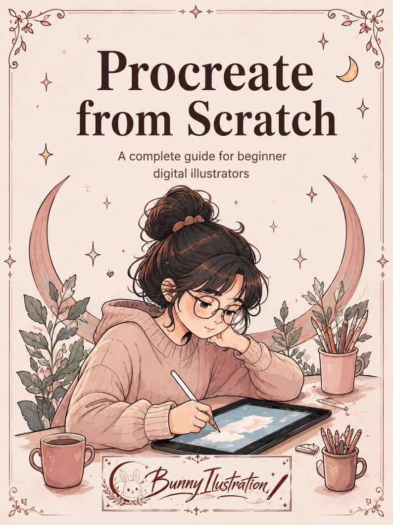Pode incluir: Um guia de ilustra&ccedil;&atilde;o digital intitulado Procreate from Scratch: A complete guide for beginner digital illustrators. Mostra uma pessoa com cabelo escuro num coque, &oacute;culos e camisola, a desenhar num tablet com uma caneta digital.
