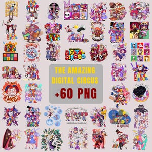 Peut inclure: Une collection de plus de 60 illustrations numériques représentant des personnages de The Amazing Digital Circus, incluant diverses scènes colorées, des portraits de groupe et des designs de personnages avec le texte The Amazing Digital Circus +60 PNG.