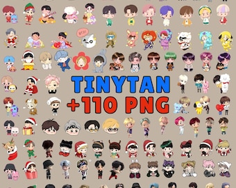 May include: A collection of over 110 TinyTan PNG digital stickers featuring various chibi-style characters in diverse outfits, poses, and holiday themes, with the text TINYTAN +110 PNG displayed prominently in the center of the image.