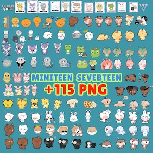 以下が含まれることがあります： MINITEEN SEVENTEENと題された115種類の漫画キャラクターのデジタルステッカーコレクション。ティール色の背景に、トラ、ウサギ、カエル、クマなどの様々な動物が、多様なポーズや表情、活動をしている様子が描かれています。