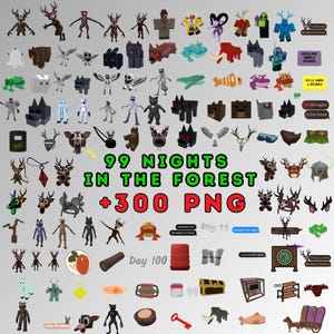 May include: A digital collection of over 300 PNG graphic assets featuring blocky, pixelated characters, creatures, and items with the text 99 NIGHTS IN THE FOREST +300 PNG. Includes various monsters, animals, weapons, and game-related icons.