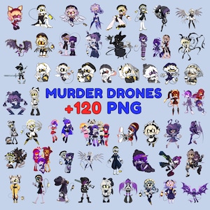 May include: A collection of 120 digital character illustrations from the series Murder Drones, featuring various robotic figures in diverse poses, outfits, and expressions, displayed as individual PNG files on a light blue background.