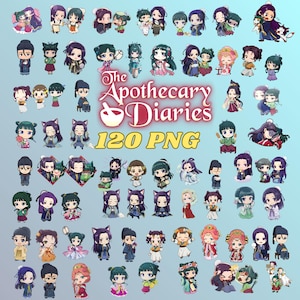 May include: A collection of 120 digital chibi-style character illustrations from The Apothecary Diaries, featuring various figures in traditional East Asian-inspired clothing, diverse poses, and expressions, arranged on a light blue background.