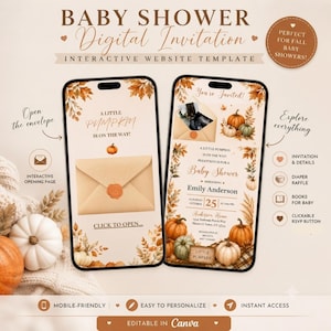 Puede incluir: Dos teléfonos inteligentes muestran una plantilla de invitación digital para baby shower con temática otoñal. Las pantallas presentan hojas de otoño, calabazas y un sobre con el texto A LITTLE PUMPKIN IS ON THE WAY y Emily Anderson.