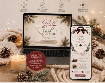 May include: A digital website invitation displayed on a laptop and smartphone screen, featuring winter-themed graphics with pine branches, snowflakes, and a red bow. The text reads Baby, IT'S COLD OUTSIDE, and includes a countdown timer and RSVP button.