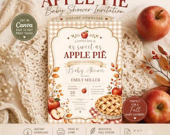 Puede incluir: Una tarjeta de invitación imprimible para baby shower con fondo de cuadros beige, ilustraciones de manzanas rojas y un gráfico de tarta de manzana. El texto dice: A little one is as sweet as apple pie, please join us for a baby shower.