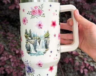 Vaso térmico de 1,2 litros con diseño floral y cascada, con asa, ideal para viajes.