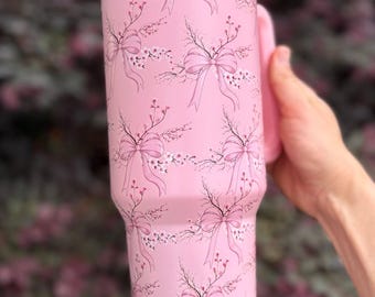Vaso térmico rosa con lazo floral de 1,2 litros (40 oz), taza de viaje estilo coqueta, taza de acero inoxidable con aislamiento.