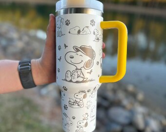 40oz Snoopy Tumbler with Handle and Straw, Cartoon Dog Travel Mug, Insulated Stainless Cup