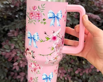 Vaso térmico rosa con lazo floral de 1,2 litros (40 oz), taza de viaje estilo coqueta, taza de acero inoxidable con aislamiento.