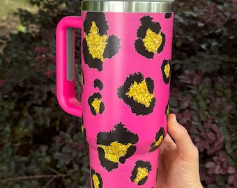 Vaso térmico de 1,2 litros con estampado de leopardo rosa, asa y pajita, taza de viaje Glam.