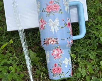 Vaso térmico de 1,2 litros con lazo floral, taza de viaje azul coqueta, taza de acero inoxidable con flor rosa