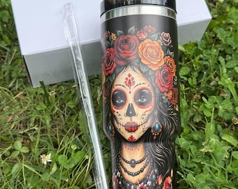 Vaso térmico de 40 oz con diseño de calavera de azúcar, asa y pajita, taza de viaje con estampado floral gótico, taza del Día de Muertos, vaso térmico de acero inoxidable con aislamiento.