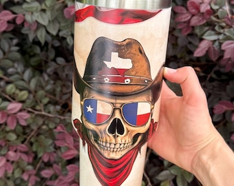 Vaso de 40 oz con diseño de calavera vaquera de Texas y asa, taza de viaje de acero inoxidable con estilo western.