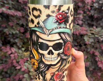 Vaso térmico Western Skull Leopard de 40 oz, taza de viaje gótica con estampado floral de vaquera, taza de acero inoxidable con aislamiento térmico.