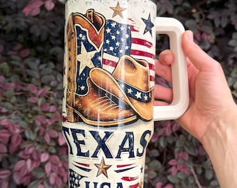 Vaso térmico de 40 oz con asa y diseño de botas de vaquero de Texas, taza de viaje con la bandera del oeste de EE. UU.
