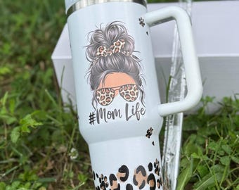 Vaso térmico de 1,2 litros (40 oz) con diseño de mamá perruna, taza de viaje con estampado de huellas de leopardo, taza de acero inoxidable con aislamiento térmico.
