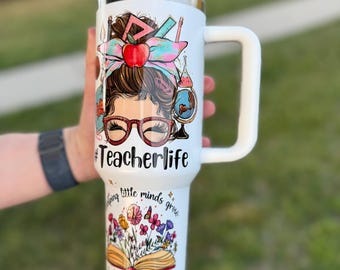 Vaso térmico Teacher Life de 40 oz con asa, taza de viaje aislada de acero inoxidable.
