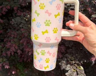 Vaso térmico de 1,2 litros con estampado de huellas de patas, taza de viaje aislada de acero inoxidable con asa.