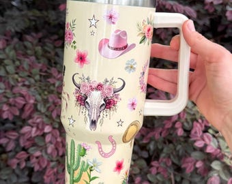 Vaso térmico Western Floral de 1,2 litros, taza de viaje Desert Cactus Cowgirl, taza con asa de acero inoxidable.
