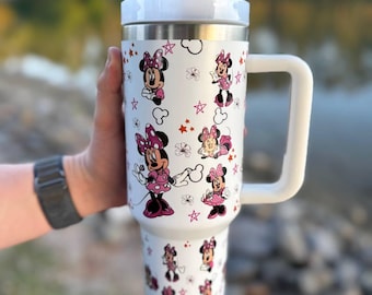 Vaso térmico de 40 oz con diseño de dibujos animados, taza de viaje de acero inoxidable rosa con asa (pajita incluida).
