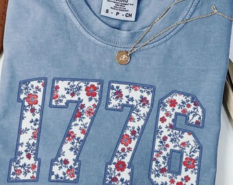 1776 Floral Print Comfort Colors Shirt, Patriotic USA Graphic Tee