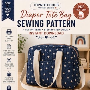 May include: A digital sewing pattern for a quilted navy blue diaper tote bag with a white star print. The bag features beige carry handles, a shoulder strap, and a top zipper. The finished bag measures 18 inches by 12 inches by 7 inches.