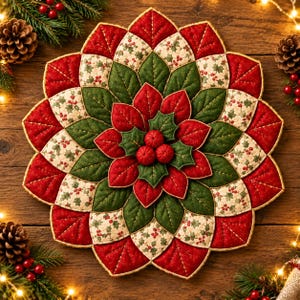 Quilted Poinsettia Wreath Pattern, Christmas Door Hanger PDF, 22 Inch Holiday Wreath, One Size, Beginner–Intermediate