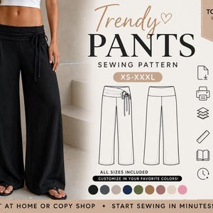 May include: A digital sewing pattern for wide-leg pants labeled Trendy Pants, featuring a fold-over waistband with a tie detail. The graphic includes technical line drawings of the front and back, size range XS-XXXL, and icons indicating a 1cm seam allowance, instant download, and printable formats.