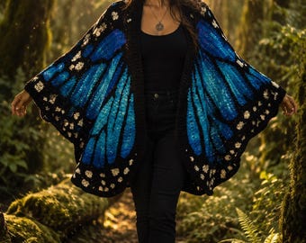 Blue Morpho Butterfly Crochet Cardigan Pattern | Oversized Winged Sweater PDF (Digital Download)