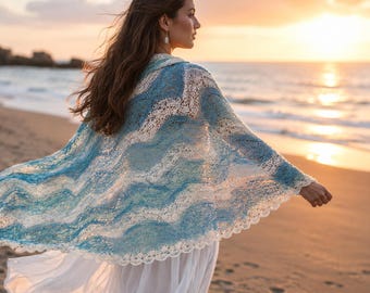 Patroon Ocean Breeze gehaakte sjaal | Tweekleurige kanten wrap (pdf-download)