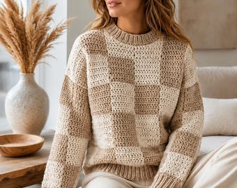 Patroon gehaakte dambordtrui | Oversized Scandinavische trui (pdf-download)