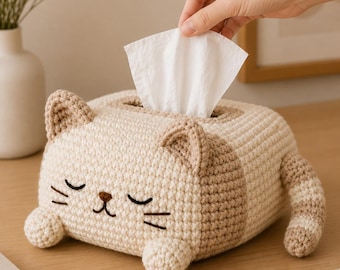 Patroon hoes voor gehaakte kattentissuedoos, kawaii-amigurumihouder (pdf-download)