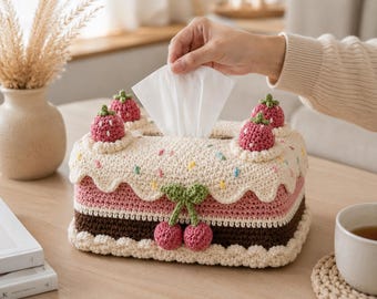 Patroon gehaakte cake tissuedoos, gelaagde aardbei desserthouder (pdf-patroon)