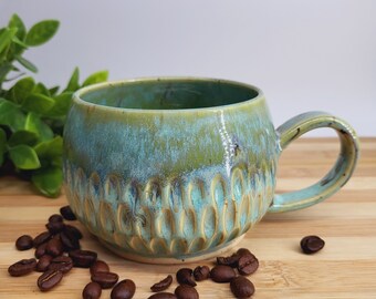 Colourful Carved Pottery Mug - 12oz | Wheel Thrown | Ceramic | Handmade