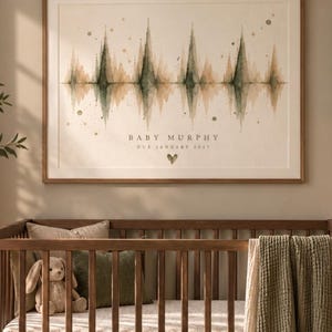 Op de afbeelding: Een rechthoekige wandkunstprint in een houten lijst met een aquarel geluidsgolfontwerp in saliegroen en gedempte bruintinten. De tekst luidt BABY MURPHY DUE JANUARY 2027 met een klein hartpictogram onder de gedrukte tekst.