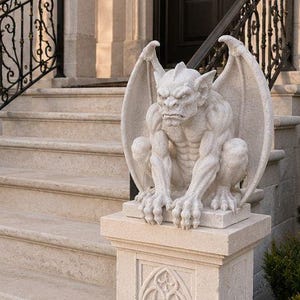 Puede incluir: Dos estatuas de gárgolas de piedra de color claro con alas detalladas y rasgos musculosos, cada una posada sobre un pedestal cuadrado con patrones de arcos góticos tallados, situadas a ambos lados de una escalera de piedra hacia una entrada.