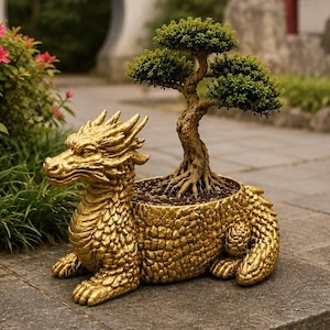 May include: A gold-colored dragon-shaped planter featuring detailed scales and a textured surface. The dragon is in a reclining position with a small, green, leafy bonsai tree planted in the hollow section on its back, showcasing a gnarled trunk.