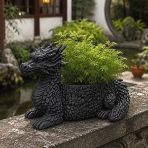 May include: A dark gray, textured dragon-shaped planter featuring a detailed, scaly body and a long, curved neck. The dragon is in a resting position with its head turned to the side, and it contains a vibrant, bushy green plant in its back.
