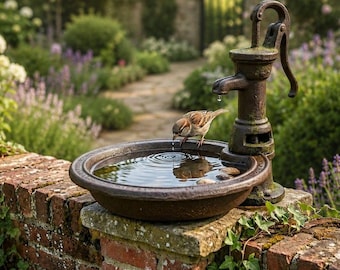 Décoration de jardin rustique avec bain et mangeoire à oiseaux – design pompe à eau vintage, art de jardin, cadeau idéal pour les amoureux des oiseaux.
