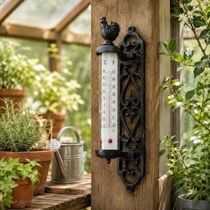 Pode incluir: Um termómetro de parede em ferro fundido preto com um remate de galo no topo e uma moldura ornamentada. O tubo de vidro apresenta escalas de temperatura em Celsius e Fahrenheit, com um líquido vermelho a indicar a leitura atual.