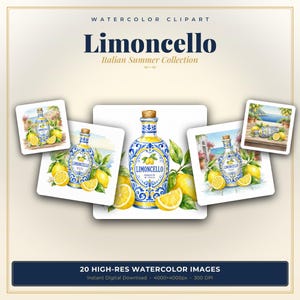Può includere: Una collezione di illustrazioni ad acquerello raffiguranti una bottiglia di vetro di Limoncello decorata con motivi floreali blu e gialli, circondata da limoni gialli freschi e foglie verdi, con il testo Limoncello Italian Summer Collection.