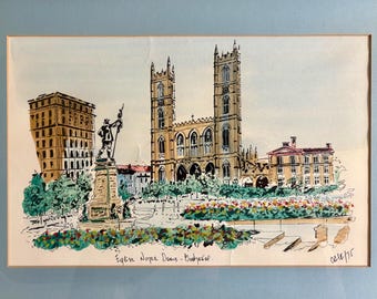 Paisaje urbano de Montreal, Iglesia de Notre Dame. Acuarela original de 1974, firmada por el artista.