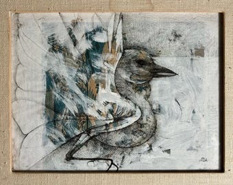 May include: A framed mixed media artwork featuring a detailed charcoal-style drawing of a bird with a long beak. The bird is layered over a background of white brushstrokes, teal geometric patterns, and tan textures, all enclosed in a light beige frame.